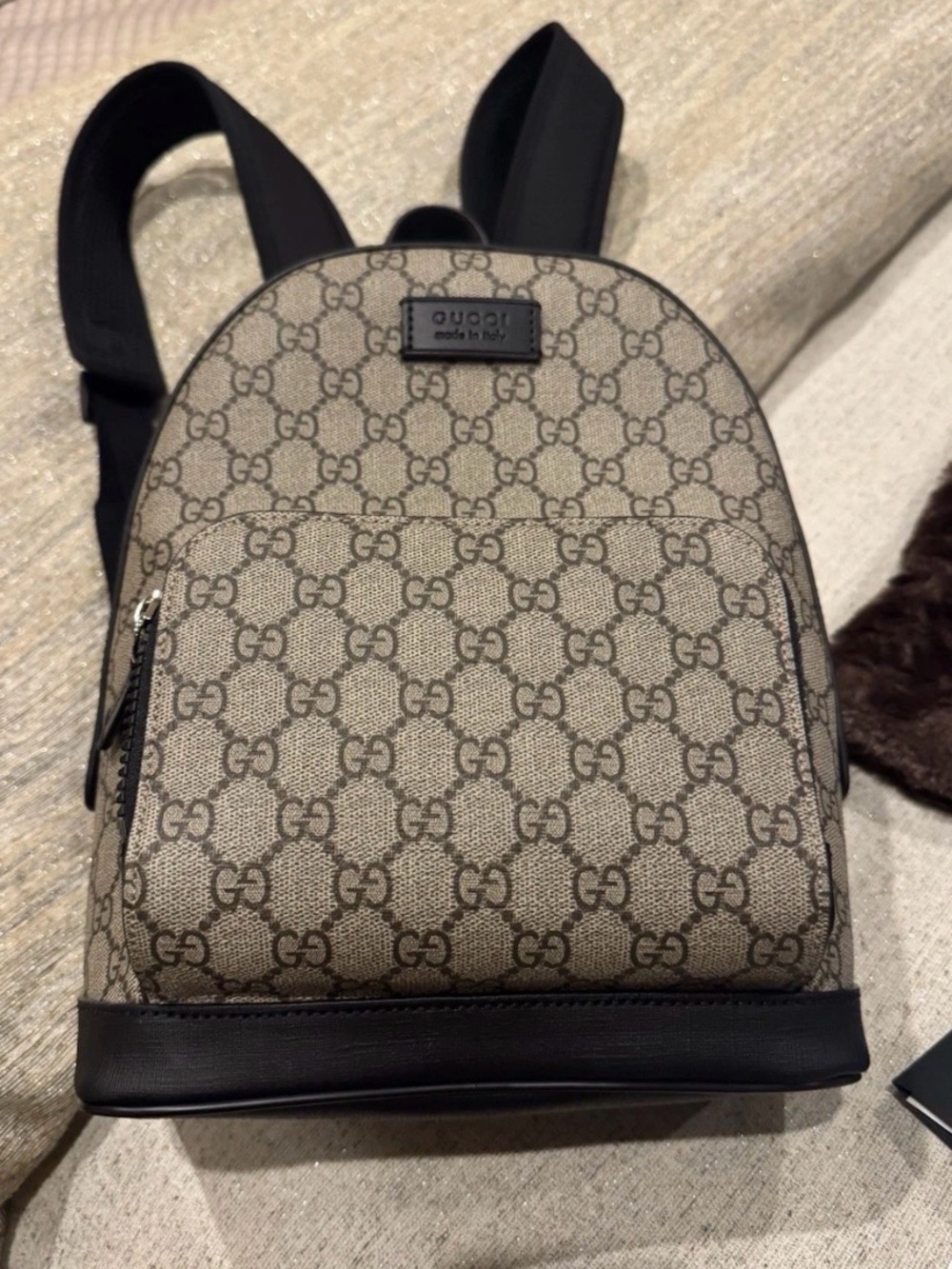 Gucci Beige Brown GG Canvas Mini Backpack with Black Trim